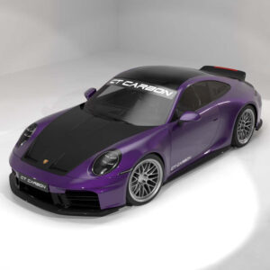 Purple Porsche sports car in a white studio, black hood and large rear wing with GT Carbon decals on windshield area