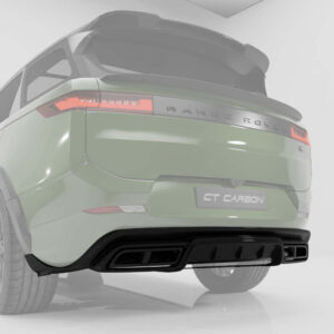 Rear view of a green Range Rover with a bold CT Carbon exhaust diffuser in a white studio setting