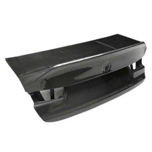 Carbon fiber rear spoiler for a car with mounting brackets, shown from a side angle.