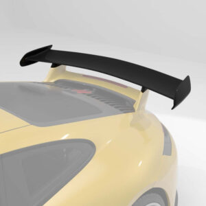 Rear wing spoiler mounted on the trunk of a yellow sports car, viewed from the rear-left side.
