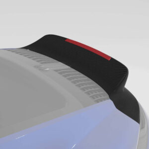 Rear car spoiler with a carbon fiber finish and a red accent, mounted on a light-colored trunk edge