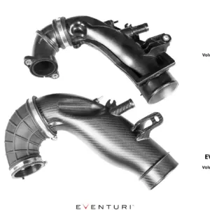Eventuri Toyota GR Yaris/Corolla Carbon Turbo Inlet Tube - Gloss EVE-GR4-CF-CHG - OPSHOLDERS High‑angle view of car intake ducts; text reads OEM Volume 1300 cm³ and EVENTURI Volume 2200 cm³.