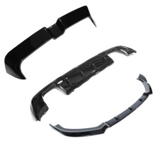 Glossy black automotive bumper parts laid out on a white background, showing curved fascias and mounting pieces.