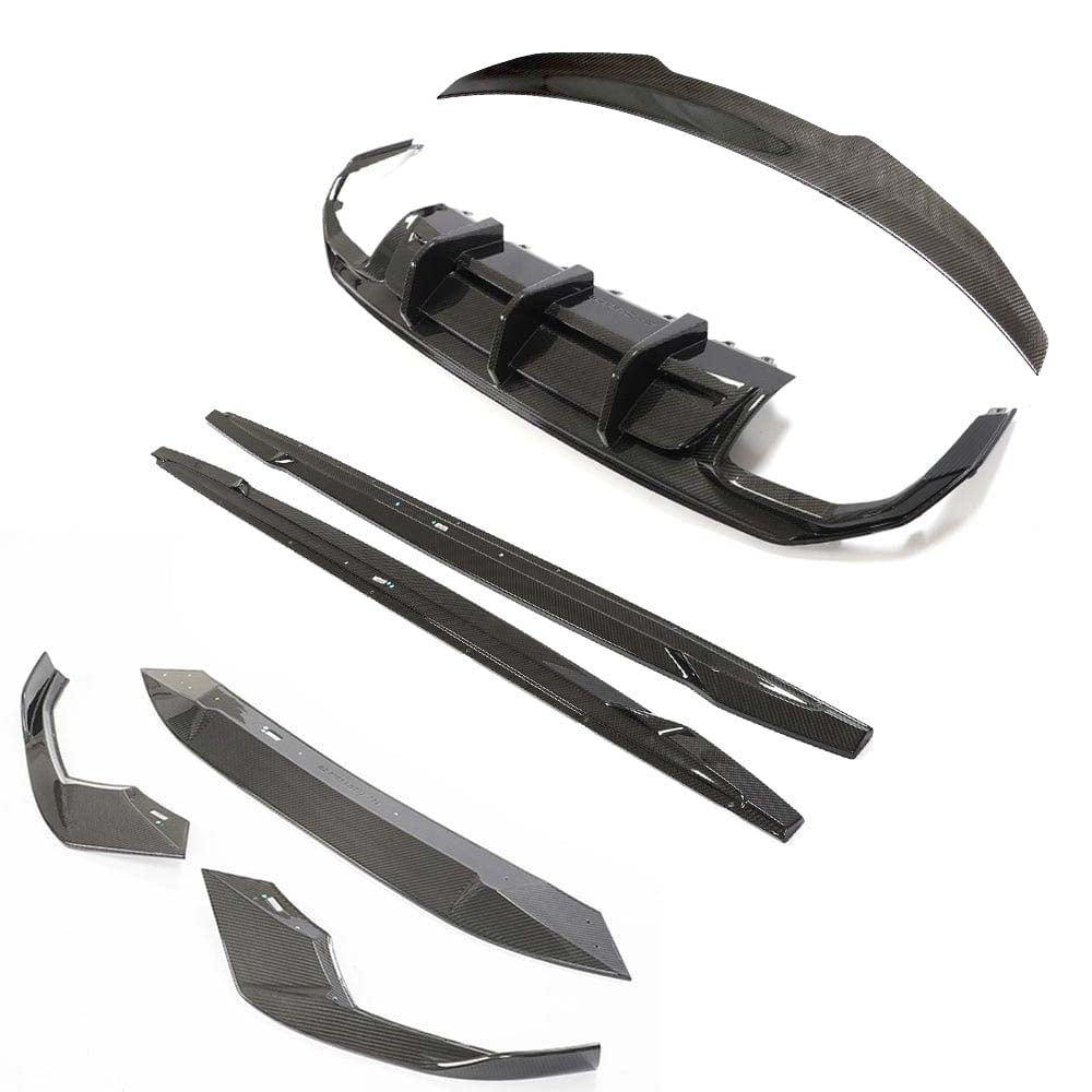 AUDI-A3S3-8Y-SALOON-FULL-CARBON-FIBRE-KIT-CT-DESIGN_c04afed9-7233-4a72-8477-c1b0c2abf34djpg - OPSHOLDERS Carbon fiber car body kit parts laid out on a white background (front bumper, side skirts, diffusers).