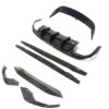 Carbon fiber car body kit with front splitter, side skirts, and rear diffuser laid out separately for assembly.
