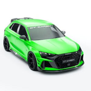 Bright green Audi-style sports car with a black grille and wide body kit, viewed from the front-left corner.