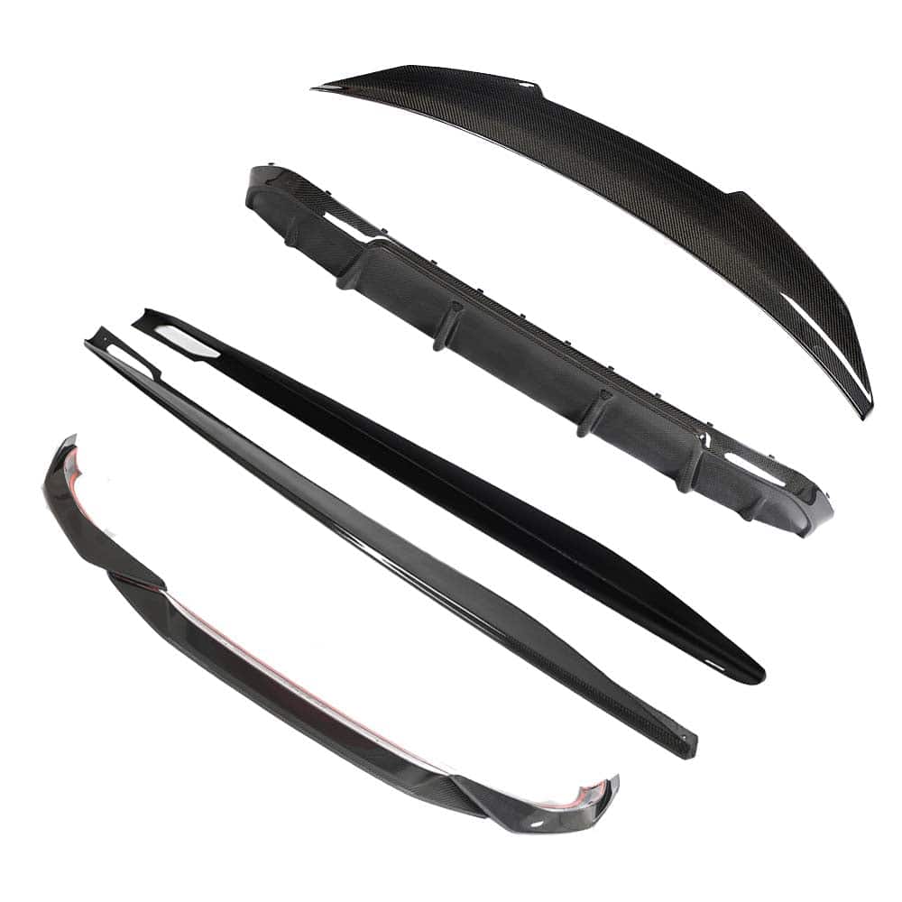 BMW-4-SERIES-G26-i4-CARBON-FIBRE-SPOILER-V-STYLE-7_21d5c3ec-34c0-4c94-baac-93f1b4133534jpg - OPSHOLDERS Set of carbon fiber car aero parts: front lip spoiler, side skirts/blades, rear diffuser pieces, and a curved rear spoiler.
