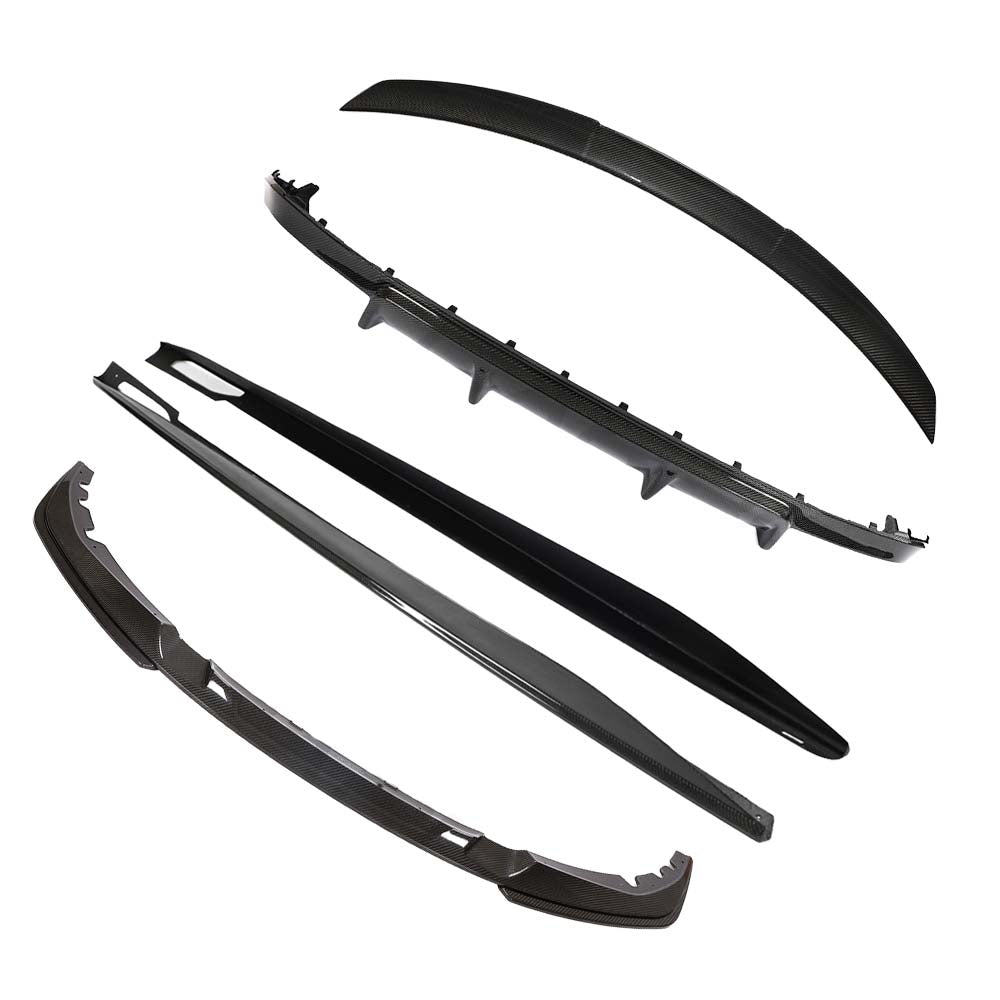 BMW-4-SERIES-G26-i4-CARBON-FIBRE-SPOILER-V-STYLE-7_91adf16d-337a-4801-b721-4280ff4fef0fjpg - OPSHOLDERS Set of carbon fiber automotive exterior trim pieces (front lip, side skirts) laid out for a body kit installation