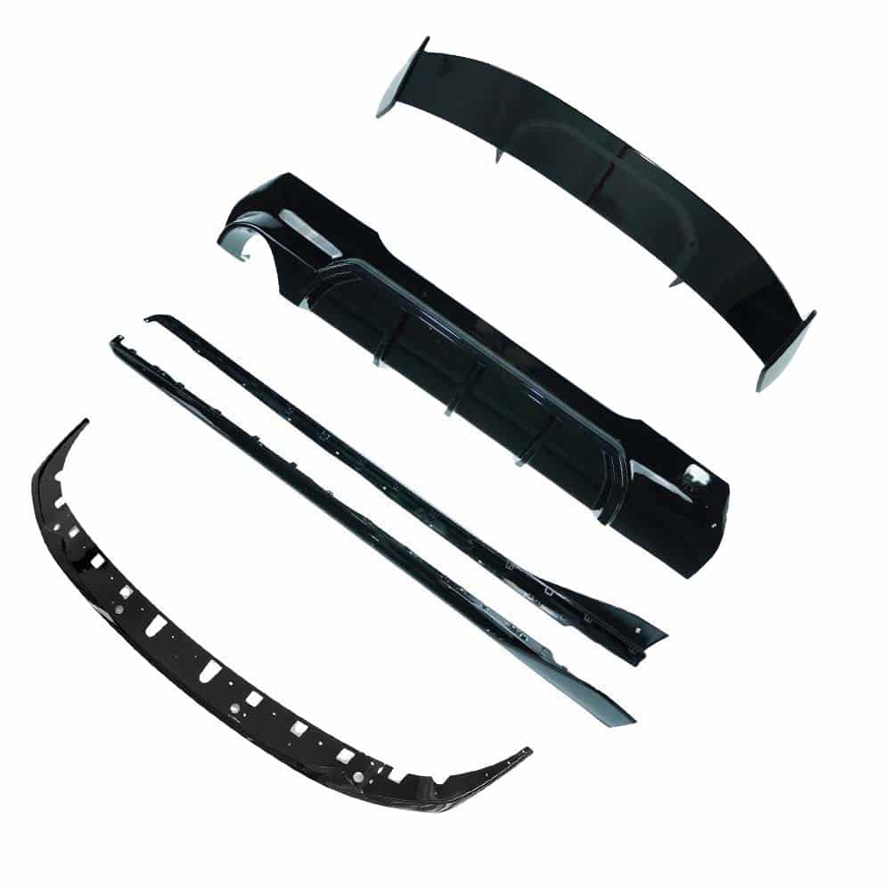 BMW-F40-1-SERIES-GLOSS-BLACK-SPLITTER-MP-STYLE-7_34a35bc0-0186-467d-8b31-cb91a249d773jpg - OPSHOLDERS Disassembled black car bumper parts laid out on a white background, including curved bumper sections and trim pieces.