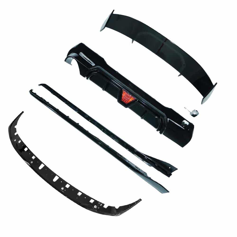 BMW-F40-1-SERIES-GLOSS-BLACK-SPLITTER-MP-STYLE-7_517d148f-7e28-4c7e-8a18-6fe834b19b34jpg - OPSHOLDERS Car bumper repair kit with assorted plastic bumper pieces and brackets laid out on white background