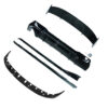 BMW-F40-1-SERIES-GLOSS-BLACK-SPLITTER-MP-STYLE-7_725a64e9-a95c-42dc-94dc-dd7535144204jpg - OPSHOLDERS Disassembled black car bumper parts arranged on white background (front bumper cover, reinforcement, brackets).