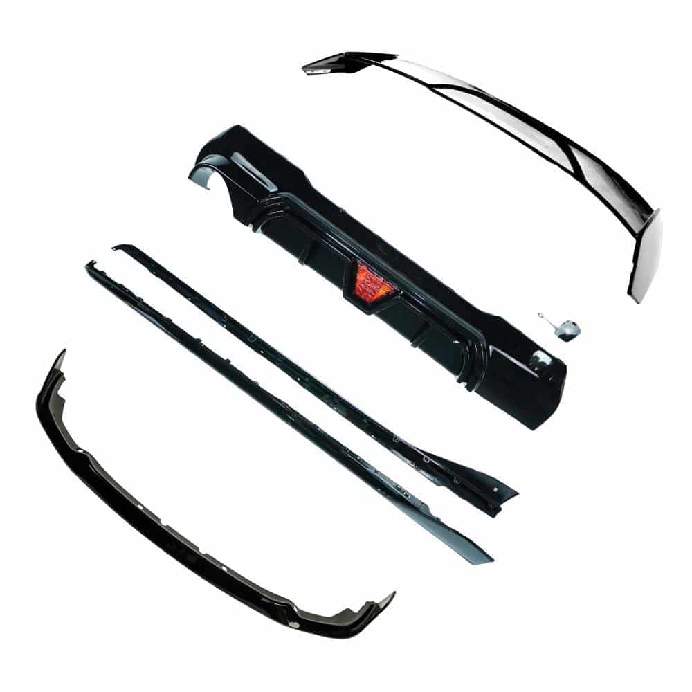 BMW-F40-1-SERIES-GLOSS-BLACK-SPLITTER-MP-STYLE-7_9c80b47e-d5c8-4482-90bb-32a76c49bfa7jpg - OPSHOLDERS Exploded view of a black car bumper with front lip, side skirts, and corner pieces laid out separately.