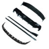 BMW-F40-1-SERIES-GLOSS-BLACK-SPOILER-MP-STYLE-7_8dfbdc69-7f70-4848-a51e-6e0bbde59f52jpg - OPSHOLDERS Black car bumper parts laid out on a white background, including curved bumper cover and supporting pieces.