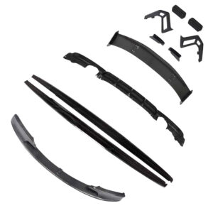 Full windshield wiper blade replacement kit with multiple blades and mounting brackets laid out on a white background, showing all parts clearly.