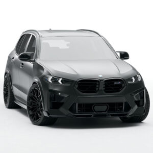 Front view of a dark gray BMW SUV with a large black kidney grille and aggressive front bumper.
