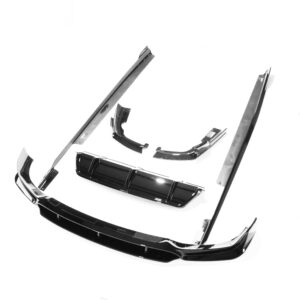 Assorted black car bumper parts arranged on a white background, including curved pieces and trim pieces with chrome accents.