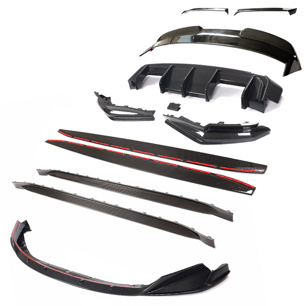 BMW-G81-M3-CARBON-FIBRE-FULL-KIT-CT-DESIGNjpg - OPSHOLDERS Exploded view of a carbon fiber automotive aero kit with front splitter, canards, side skirts, and rear diffuser.