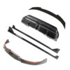 Set of carbon-fiber car body kit parts including diffuser, splitter, side skirts, and rear spoiler.