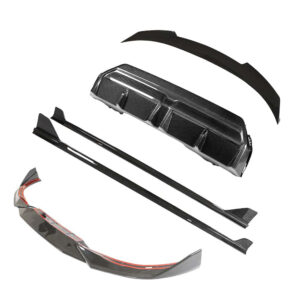Set of carbon-fiber car body kit parts including diffuser, splitter, side skirts, and rear spoiler.