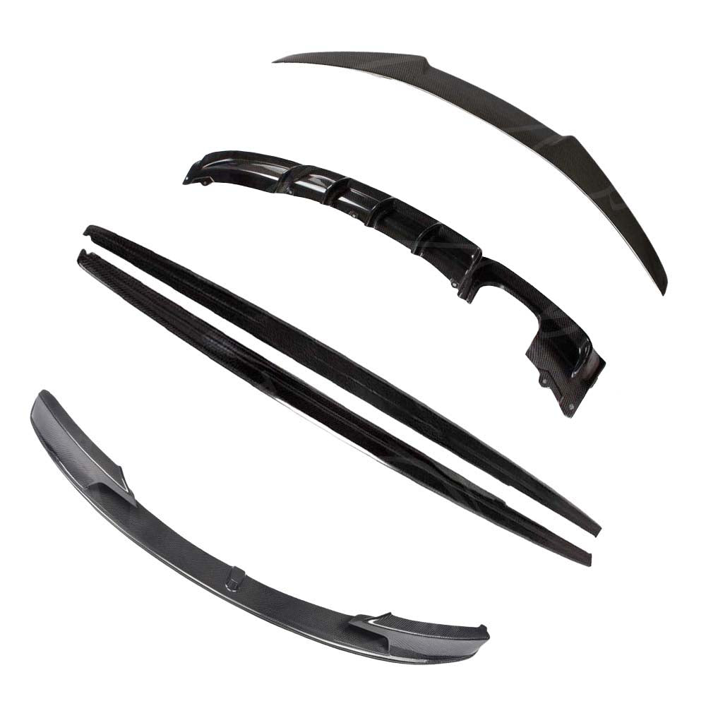 BMW-M3-F80-F30-3-SERIES-CARBON-FIBRE-SPOILER-V-STYLE_05eeba06-78ae-41f0-9d98-10547aa30d47jpg - OPSHOLDERS Carbon fiber car aero kit parts laid out: front lip, side splitters, and rear wing elements on white background.