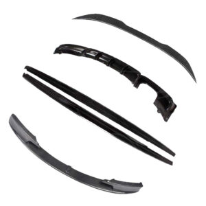 Carbon fiber automotive aerodynamic parts kit, including front splitter, side skirts, canards, and rear diffuser