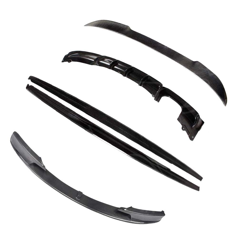BMW-M3-F80-F30-3-SERIES-CARBON-FIBRE-SPOILER-V-STYLE_a0f2cc65-21f8-4011-a0d6-dd924e2d00e7jpg - OPSHOLDERS Set of carbon fiber automotive aero parts: front splitter, side skirts, and rear spoiler lip pieces.