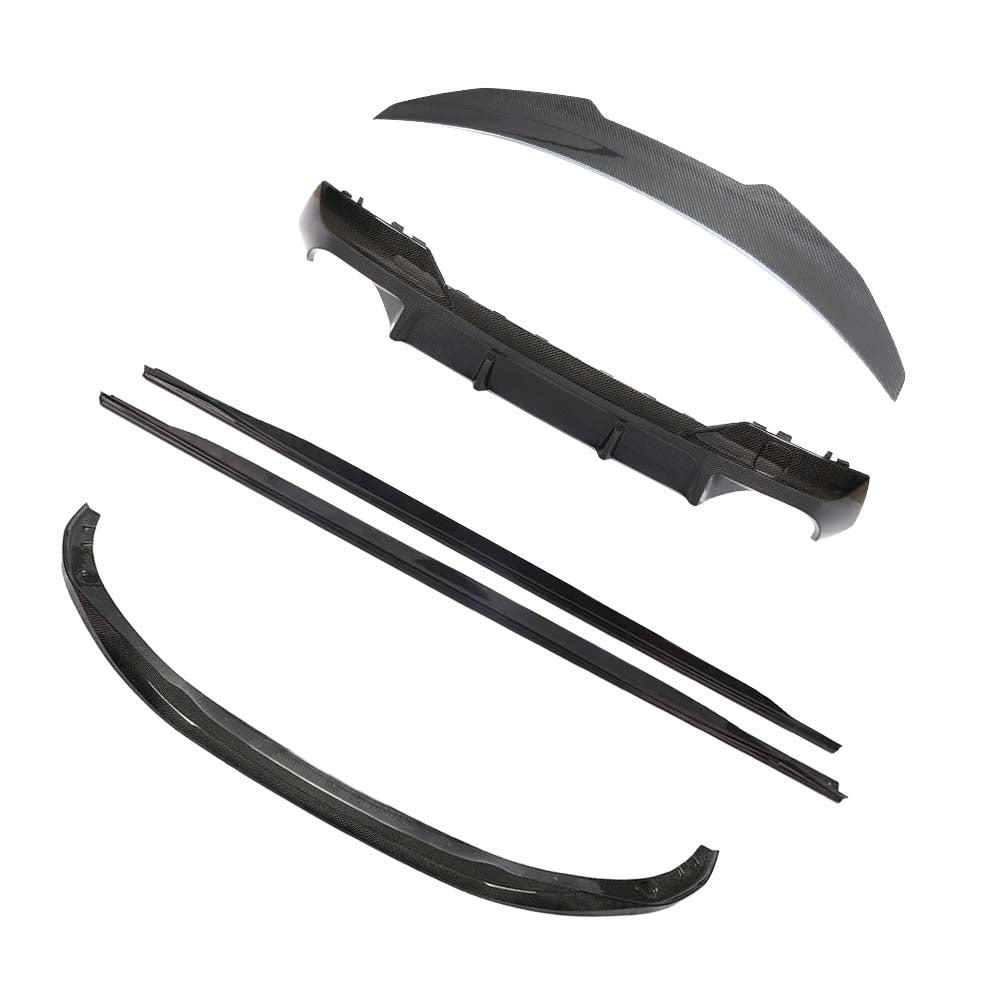 BMW-M44-SERIES-G82G22-PRE-PREG-CARBON-FIBRE-SPOILER-DA-STYLE_02f76e6c-774c-4391-a9ce-935ee0db51aejpg - OPSHOLDERS Set of carbon fiber car body kit components (spoiler, bumper lip, side skirts, and trim pieces) laid out together
