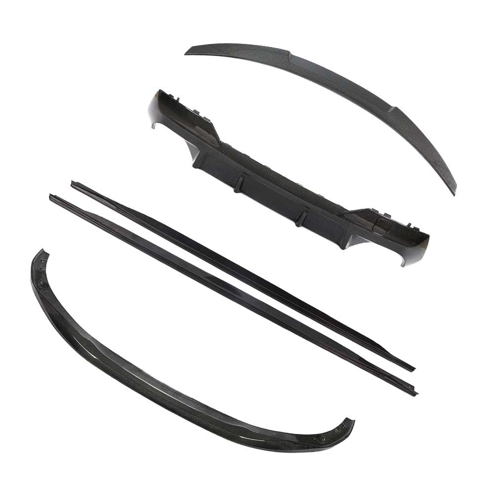 BMW-M44-SERIES-G82G22-PRE-PREG-CARBON-FIBRE-SPOILER-DA-STYLE_05c2523a-c91c-42d8-8200-53e1f7ed1397jpg - OPSHOLDERS Set of carbon fiber car aero kit parts laid out, including front lip spoiler, side skirts, and a curved rear lip on white background.