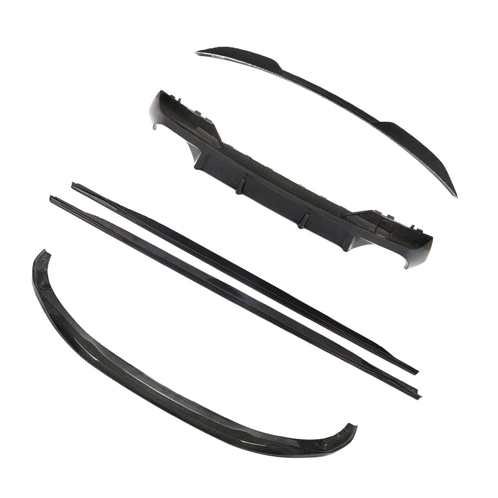 BMW-M44-SERIES-G82G22-PRE-PREG-CARBON-FIBRE-SPOILER-DA-STYLE_266922b9-6705-4799-8a26-915a518d9c19jpg - OPSHOLDERS Set of black carbon-fiber automotive aero parts: front splitter, side skirts, rear diffuser, and curved rear lip (aero kit).