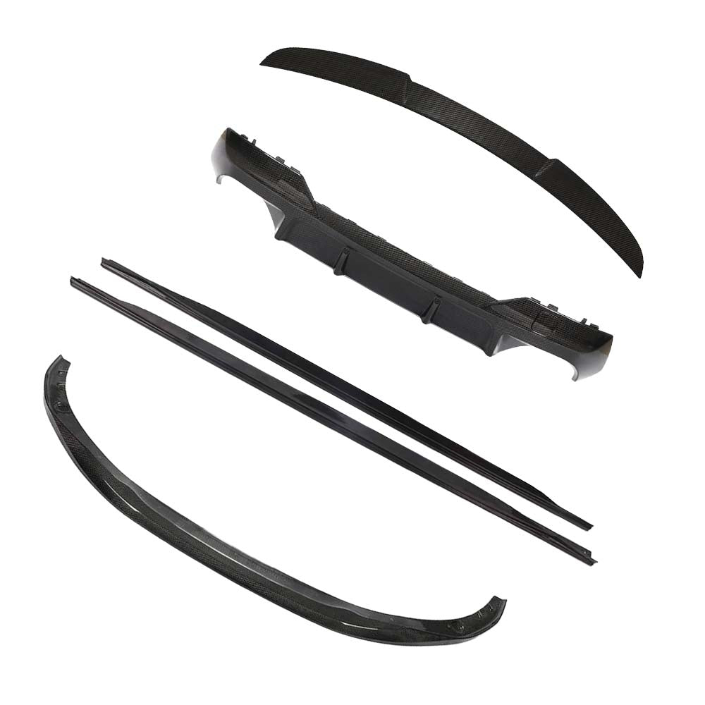 BMW-M44-SERIES-G82G22-PRE-PREG-CARBON-FIBRE-SPOILER-DA-STYLE_b1fead38-0cb5-448e-8db9-a496400893fdjpg - OPSHOLDERS Carbon fiber car body kit parts laid out: curved spoiler lip, long side trim pieces, and supporting mounting strips for aero body kit