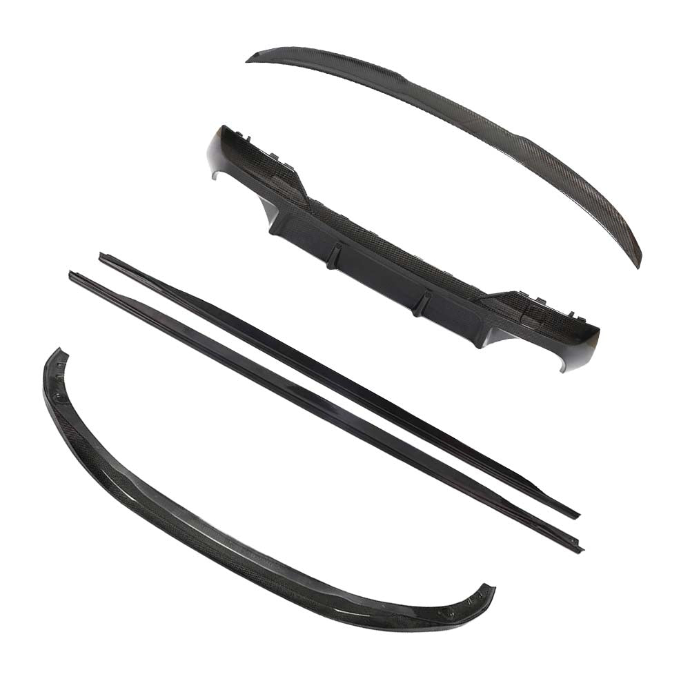 BMW-M44-SERIES-G82G22-PRE-PREG-CARBON-FIBRE-SPOILER-DA-STYLE_bccdb447-c061-4d29-a932-26b2de466419jpg - OPSHOLDERS Set of carbon-fiber auto body parts laid out, including curved spoiler pieces and trim/diffuser components for a car.