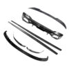 Set of carbon fiber automotive body kit parts displayed on a white background, including bumper lip, side skirts, and aero pieces for a car