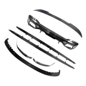 Assorted carbon fiber car body parts and trim pieces laid out on a white background.