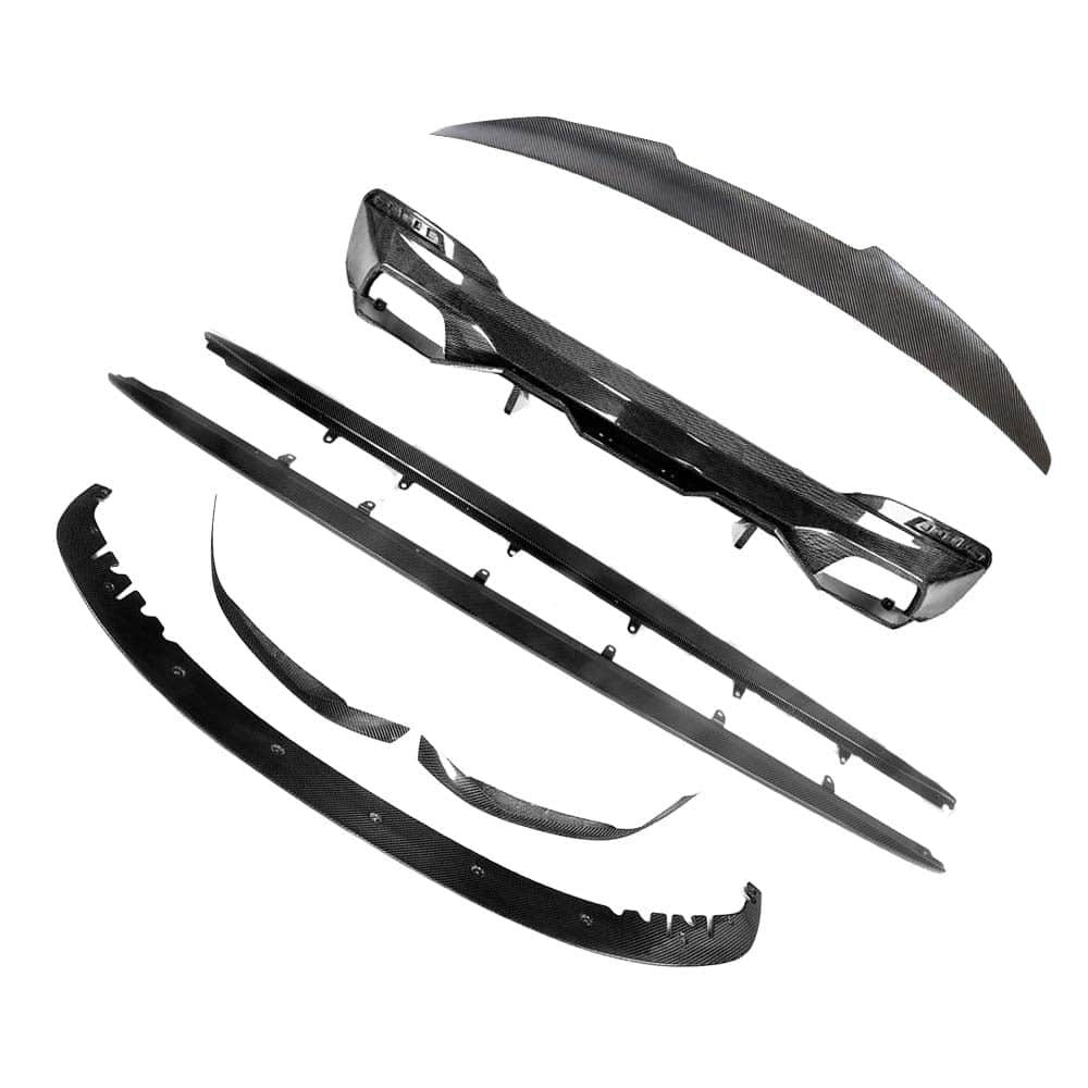 BMW-M5-F90-G30-5-SERIES-CARBON-FIBRE-SPOILER-DUCKTAIL-PS-STYLE_e7857819-c76e-4f54-a5b1-7afeeaf72d2ejpg - OPSHOLDERS Carbon fiber automotive body kit parts laid out on a white background: bumper lip, side skirts, and rear diffuser pieces.