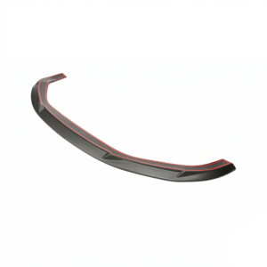 Curved carbon fiber car spoiler lip with red trim for a vehicle's aerodynamics enhancements