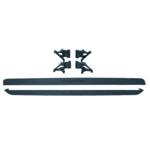 Pair of dark gray roof crossbars with four mounting brackets for a car roof rack maintenance or installation image.