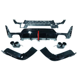 Car bumper kit laid out on a white background: front bumper, side extensions, splitters, exhaust tips, and mounting brackets ready for installation.