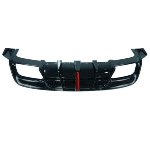 Front bumper grille of a black car with a red center accent.