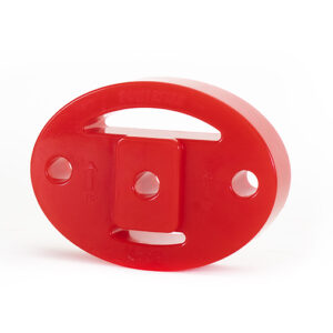 Red circular plastic token with two side holes and a central raised square nub.