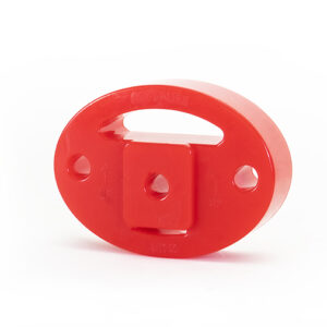 Red circular plastic knob with a central square peg and two side holes, likely a small mechanical component or toy part