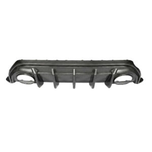 Black automotive bumper diffuser with vertical fins and rounded end openings, a car part designed to improve aerodynamics and style.
