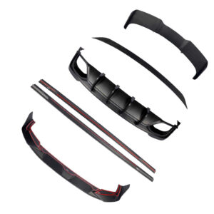 Set of black carbon-fiber car exterior parts: front splitter, side skirts, rear diffuser, and trim pieces for a body kit