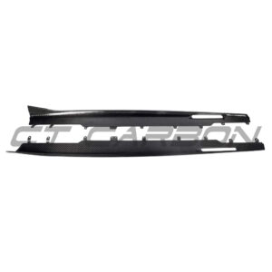 Pair of carbon fiber side skirts for a car, with multiple mounting tabs along the length tused for installation.