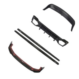 Diagonal arrangement of black carbon-fiber bicycle components with red accents, including curved frame pieces and slender arms.