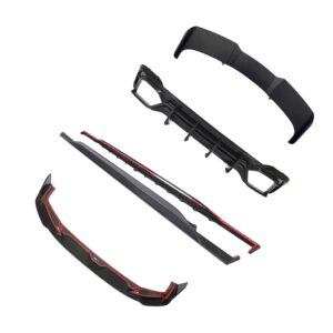 Collection of black carbon-fiber bike components with red accents on a white background