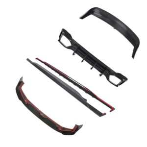 Several carbon-fiber bicycle parts with red accents scattered on a white background.