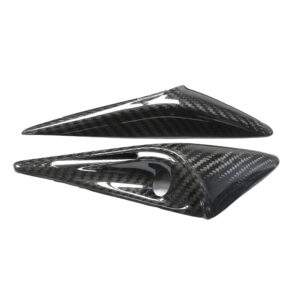 Pair of carbon fiber bicycle aero components (front fork and rear stays) with a glossy woven pattern.