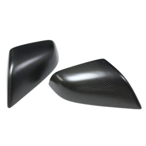 Pair of glossy carbon-fiber car mirror caps (left and right) with a woven pattern and smooth, curved surfaces
