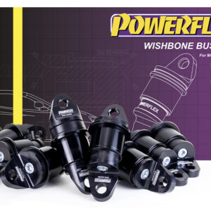 Powerflex Wishbone Bush Kit packaging with purple gradient and blueprint drawing; several black polyurethane wishbone bushings in the foreground.