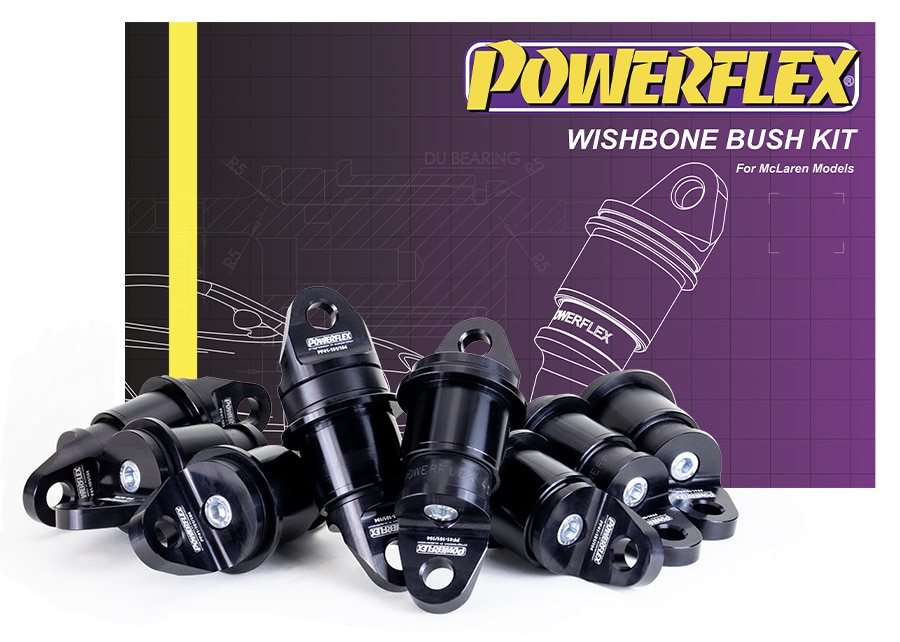 PF41K-1001jpg - OPSHOLDERS Powerflex Wishbone Bush Kit packaging with purple gradient and blueprint drawing; several black polyurethane wishbone bushings in the foreground.